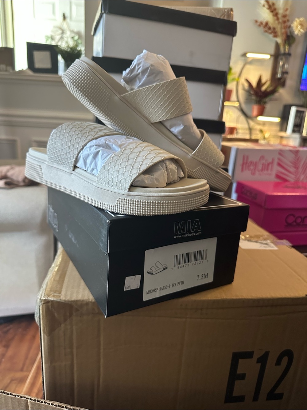 MIA Textured Double Strap Slide Sandals in Cream- New In Box